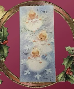 Vintage Weihnachtskarte 3 kleine Engel blau innen Design MCM einzeln Env NOS - Bild 1 von 5