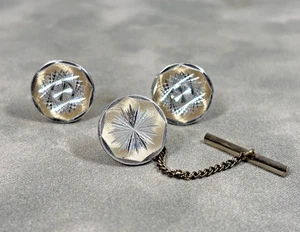 Juego de gemelos, corbatas de colección de los años 50 dorado y plateado diseño Starburst mediados de siglo genial - Imagen 1 de 5