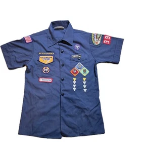 Vintage Boy Scouts of America Cub Scout Uniform Shirt Youth Medium Patches Blue - Picture 1 of 9