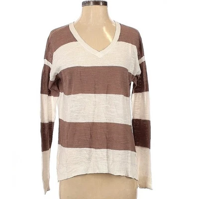 Suéter Anthropologie Izquierda del Centro Marrón Rayas Mezcla de Lino Cuello en V S Otoño Foto 1 de 4