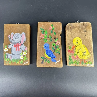 Juego De Colección De 3 Animales Pintados A Mano Decoración De Pared Guardería Niños Habitación Pájaros Elefante Foto 1 de 4
