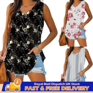 Womens Summer Floral Tunic Vest Tank Tops Ladies Sleeveless Casual T-shirt Tee - Picture 1 of 15