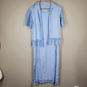 Vintage Jane Ashley Blue Linen Rayon Midi Dress Short Sleeve Jacket Crochet Med - Picture 1 of 8