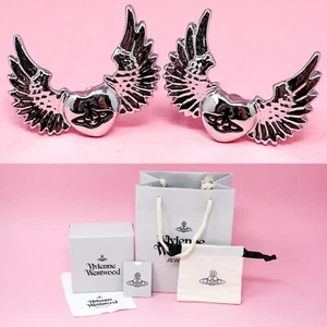 Vivienne Westwood Earrings Silver Plated Large Wing Heart Orb Studs & Gift Box - Picture 1 of 7