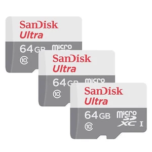 3x SanDisk Ultra 64GB microSDXC Card UHS-1 Up to 100 MB/s Class 10 w/ SD Adapter - Picture 1 of 4