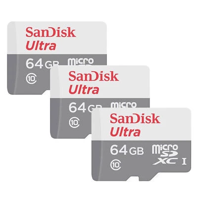3x SanDisk Ultra 64GB microSDXC Card UHS-1 Up to 100 MB/s Class 10 w/ SD Adapter - Image 1 of 4