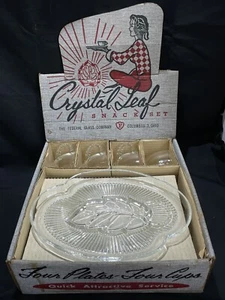 Juego de bocadillos de hojas de cristal plato taza 80 federal vintage caja original 1959 - Imagen 1 de 11