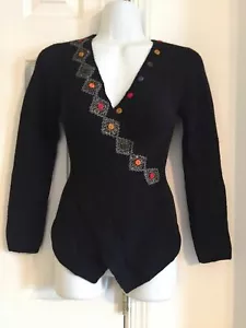 100% Baby ALPACA Wool Women Wrap Top Sz XS Black Factoria Paty Aztec Art To Wear - Picture 1 of 9