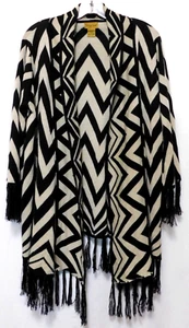 Midnight Velvet Fringe Cardigan M Chevron Zig Zag Sweater Black Cream - Picture 1 of 6