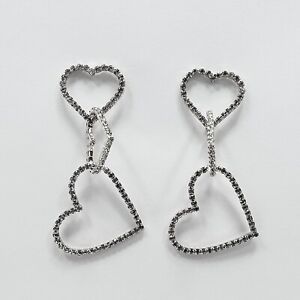 Silver Tone Base Rhinestones Deco Triple Heart Love Shape Link Dangle Earrings