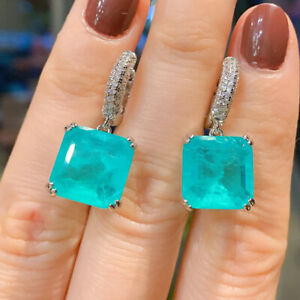 New 15 mm Big Square Cut Neon Blue Tourmaline Gems Women Charm Silver Earrings