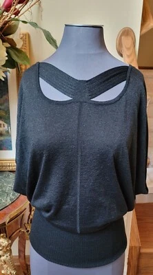 NUEVO SIN ETIQUETAS YOANA BARASCHI NEGRO PLATA FINO BRILLO JERSEY NOCHE TOP MANGA ALA M Foto 1 de 4