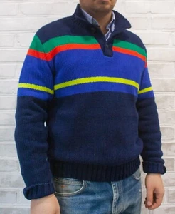 Polo Ralph Lauren Sweater Men Size L Color Block Striped Button Mock Neck Cotton - Foto 1 di 23