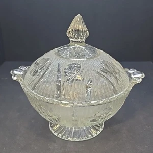 Jeannette Crystal Iris & Herringbone Clear Glass Lidded Candy Dish "Read" - Picture 1 of 14
