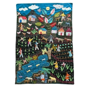South America Folk Art Handmade 3D Sewn Textile Tapestry Farm Cows Chickens - Picture 1 of 17