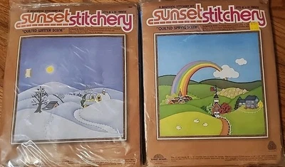 Costura ao pôr do sol acolchoada cenas de inverno e primavera seladas 16 x 16" conjunto de 2 - Imagem 1 de 4