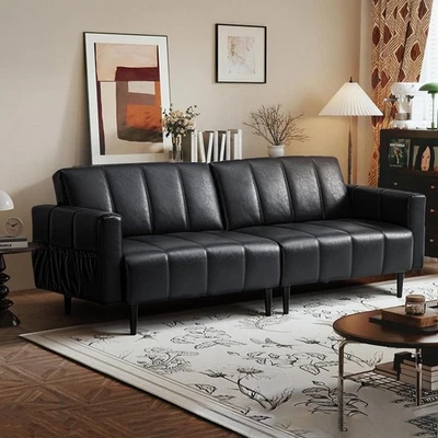 Convertible Sofa Bed Faux Leather Lounge Recliner Adjustable Back Black Couches - Image 1 of 4