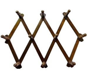 Vintage Expandable Wood 10 Peg Accordion Hat Coat Mug Wall Rack Holder Retro MCM - Picture 1 of 9