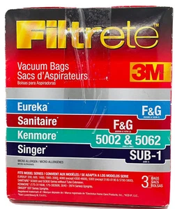 3M Filtrete Vacuum Bag EUREKA Sanitaire F & G Micro Allergen 3 pk 67715B Open pk - Picture 1 of 4