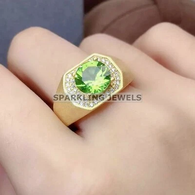 Calibrated Peridot Round Cut With 925 Silver Gold Plated Ring For Men #C290 - Image 1 of 4
