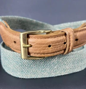 Vintage Cole Haan Surcingle Belt Brown Tan Leather 36 Blue Green Woven USA Made - Picture 1 of 12