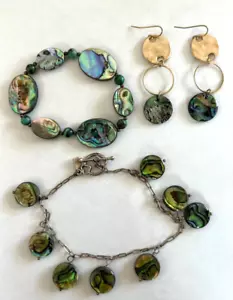 Shell Bell Silver Abalone Shell Jewelry Lot Earrings Bracelet & Anklet (3 pc) - Picture 1 of 5