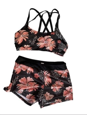 Yonique Womens Medium 2pc Strappy Top Tummy Control Shorts Black Orange Floral - Изображение 1 из 4