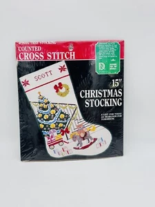DMC Counted Cross Stitch Kit 15” Christmas Stocking Tree Gifts Teddy Bear New - Picture 1 of 4