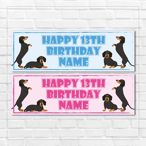 2 PERSONALISED 900mm x 300mm DACHSHUND / SAUSAGE DOG BIRTHDAY BANNERS - Picture 1 of 3