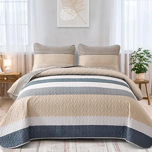 Grey Boho Quilt King Striped Khaki Bedspread Lightweight Boho 3 Pieces Reversibl - Picture 1 of 9