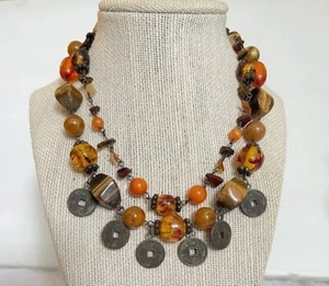 Tigers eye Chinese coin necklace Boho Luck Money  carnelian faux amber stone gem - Picture 1 of 4