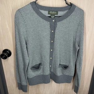 Eddie Bauer Cashmere Blend Gray White Birdseye Cardigan Sweater Women’s L Petite - Picture 1 of 10