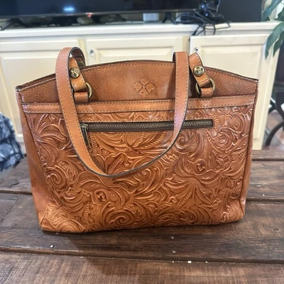 Patricia Nash Poppy Tote Florence Brown Tan Tooled Leather Zipper Shoulder Bag - Image 1 of 4