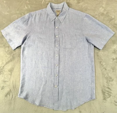 LL Bean Shirt Mens Large Tall Blue Linen Short Sleeve Button Up Pocket Casual - Image 1 of 4