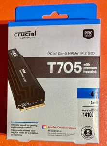 CRUCIAL 4TB M.2 PCIe Gen5 NVMe W/Heatsink T705 SSD CT4000T705SSD5 Game Ready - Afbeelding 1 van 4