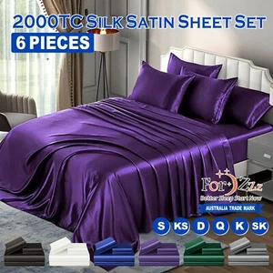 Luxury 6 Piece Art Silk Satin Flat Fitted Sheet Set Single Double Queen King Bed - Picture 1 of 17