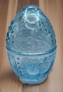 Blau gemustert Glas Ei Form Deckel Schmuck Glas 6 cm hoch - Bild 1 von 4