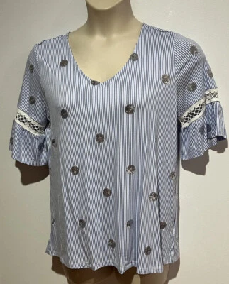 Striped White/Blue / Silver Short Sleeves Top Stretchy Fabric SizeM Viscose GC - image 1 of 4