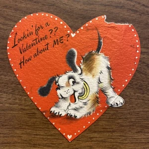 Vintage 1940s Valentines Day Greeting Card Dog Puppy Diecut Red Heart P1D - Picture 1 of 11