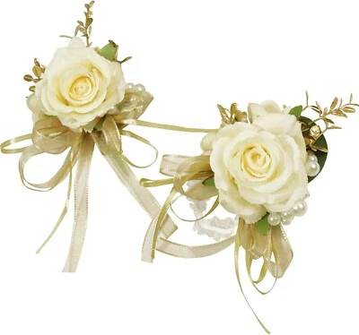 Corsage and Boutonniere Set, Handmade Artificial Peony Rose Wrist Corsage - Image 1 of 4