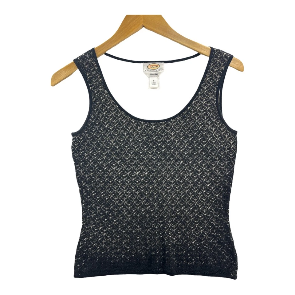 Camiseta sin mangas Talbots para mujer tejida negra blanca geométrica cuchara encaje seda Petites P Foto 1 de 4