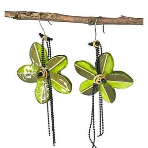 VTG Lalo FLOWER EARRINGS 4" Dangle Drop Wire Green Gold Resin Black Ball Chains - Picture 1 of 6