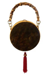 NWT SERPUI Dani Woven Round Wicker Bamboo Handle Bag with Detachable Tassel - Picture 1 of 5