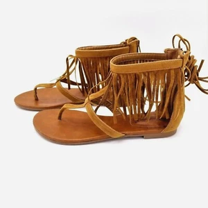 Breckelles Stacy Brown Fringe Sandals NEW Womens 8.5 Wrap Ankle Laces Thong Toe - Picture 1 of 10