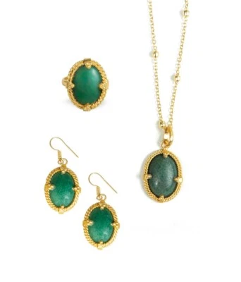 Green Aventurine Gold-Plated Jewelry Set – Necklace, Earrings, Ring - Image 1 of 4