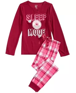 New Girls/Teens "Sleep Mode" 2-Piece Pajama Set XL 14/16 Red Top / Plaid Bottoms - Picture 1 of 1