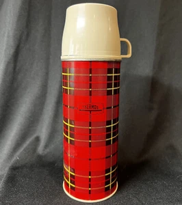 Vintage 70s King Seeley Thermos Quart Metal Red Plaid Cup & Stopper - Picture 1 of 18