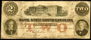 1861 Obsolete Banknote Currency Charleston The State South Carolina $2 Note - Picture 1 of 2