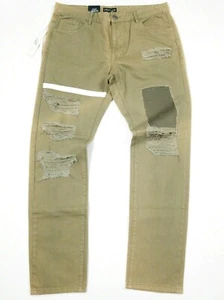 BNWT Mens Embellish Denim Jeans Olive Distressed Rip Patchwork Slim Fit W30 L34 - Picture 1 of 5