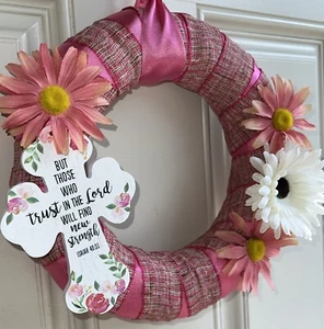 Spring Summer Fall Faith Inspired Mini Wreath 12 Inch Front Door Decor Pink - Picture 1 of 3